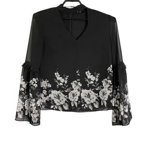 White House Black Market Black Floral Roses Choker Bell Sleeve Top